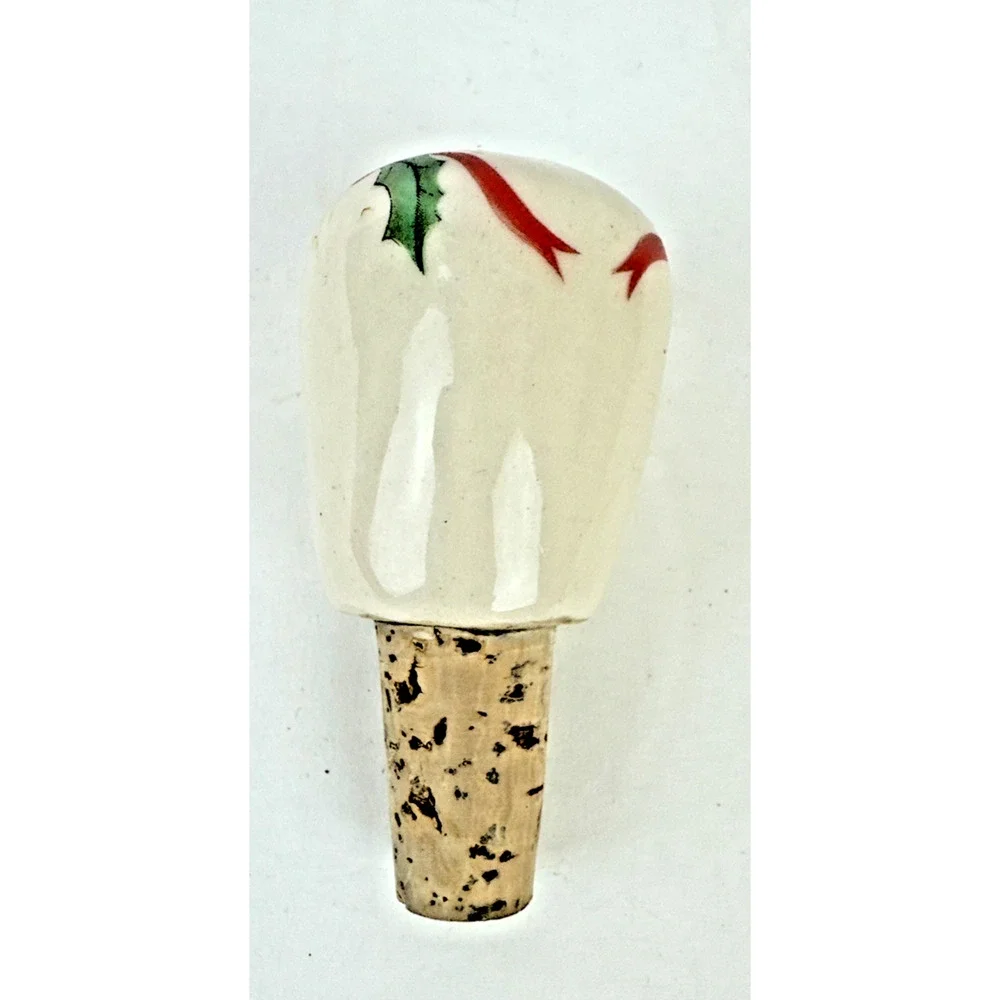 ceramic cork stopper Christmas pine cone holly ribbon design wine bottle